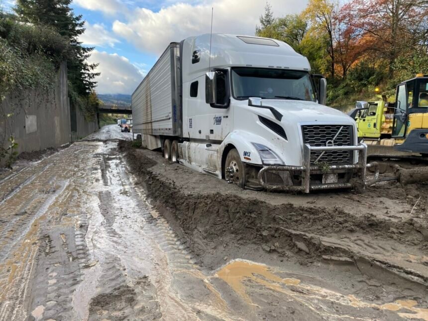 Massive mudslide snags semi truck on Washington interstate