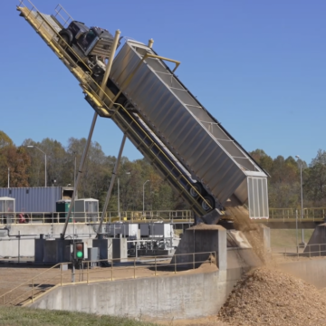 Video shows truck tipper in action to unload wood chips