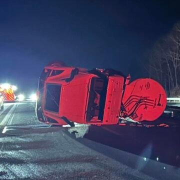Tanker truck flips swerving to avoid disabled car without lights on