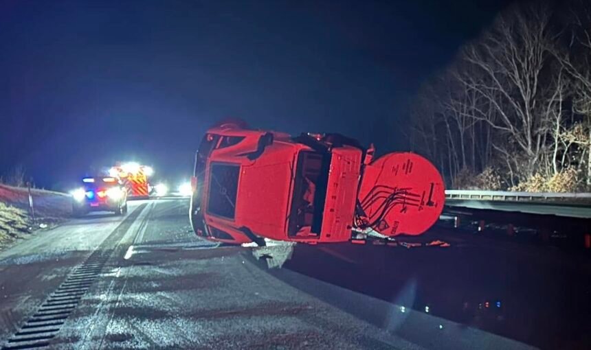 Tanker truck flips swerving to avoid disabled car without lights on
