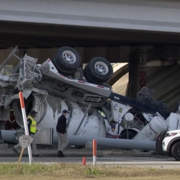 Concrete truck shoved off overpass in fatal accident with box truck
