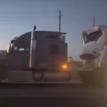 Oilfield rig slices through tractor trailer in this VERY West Texas post-accident footage