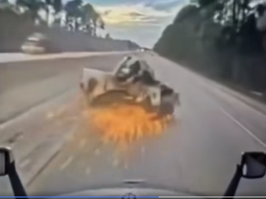 Sheriff shares dash cam of motorist striking two big rigs as warning to distracted drivers