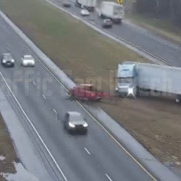 A pickup and semi truck avoid pinballing off of each other and into oncoming traffic (but barely)