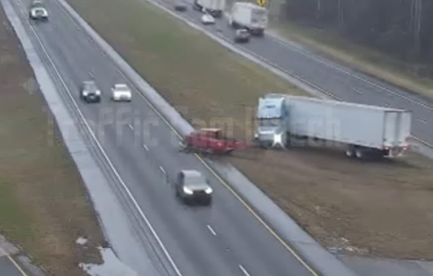 A pickup and semi truck avoid pinballing off of each other and into oncoming traffic (but barely)